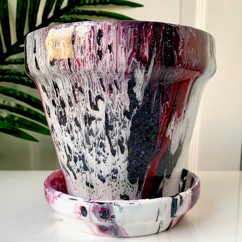 Red, Black, White Hand Painted Flower authentic Pot, 6 Inch Flower Pot, Painted Pottery, Abstract Art