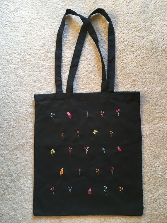 Black Tote Bag With Hand Embroidered Flowers, Black Tote Bag, Embroidery Tote  Bag, Embroidered Tote Bag, Flower Tote Bag, Flower Tote Bag 