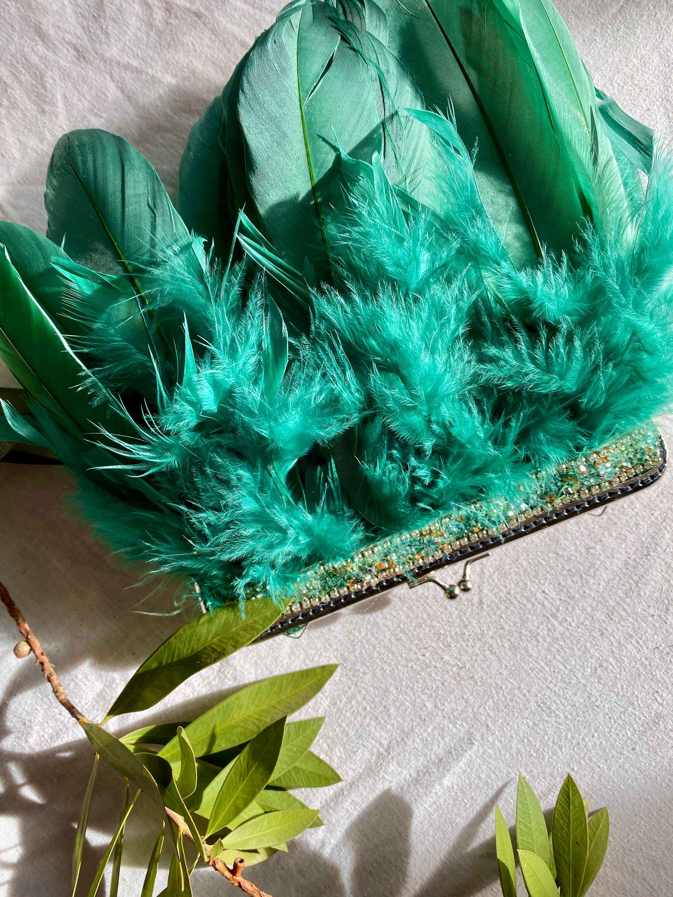 Handmade Green Feather and Rhinestone Bag, Party Bag, Wedding Bag