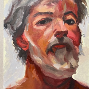 May include: A close-up portrait painting of a person with gray hair and a beard. The painting is done in a realistic style with thick brushstrokes. The person's face is illuminated by a soft light, highlighting the details of their features.