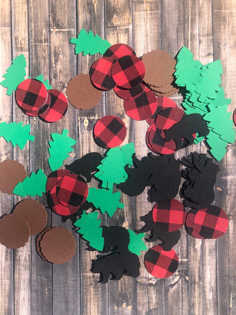 Lumberjack Lumberjack Birthday Lumberjack Confetti Lumberjack Party Plaid Black Bear Red Buffalo Plaid First Birthday