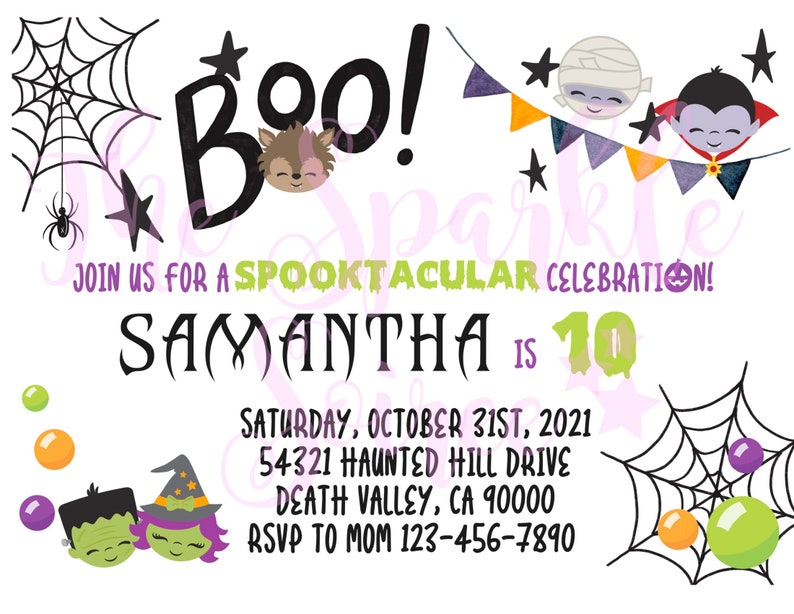 Pu&ograve; includere: Un invito a una festa di Halloween con una ragnatela nera e verde, un mostro verde e viola, una strega verde e viola, e il testo "Boo! Unisciti a noi per una celebrazione Spooktacular! Samantha ha 10 anni. Sabato 31 ottobre 2021. 54321 Haunted Hill Drive. Death Valley, CA 90000. RSVP a Mamma 123-456-7890."