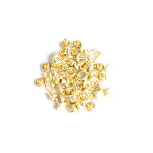 May include: A pile of gold-colored metal rivets, also known as eyelets or studs, used for fastening fabric or leather.