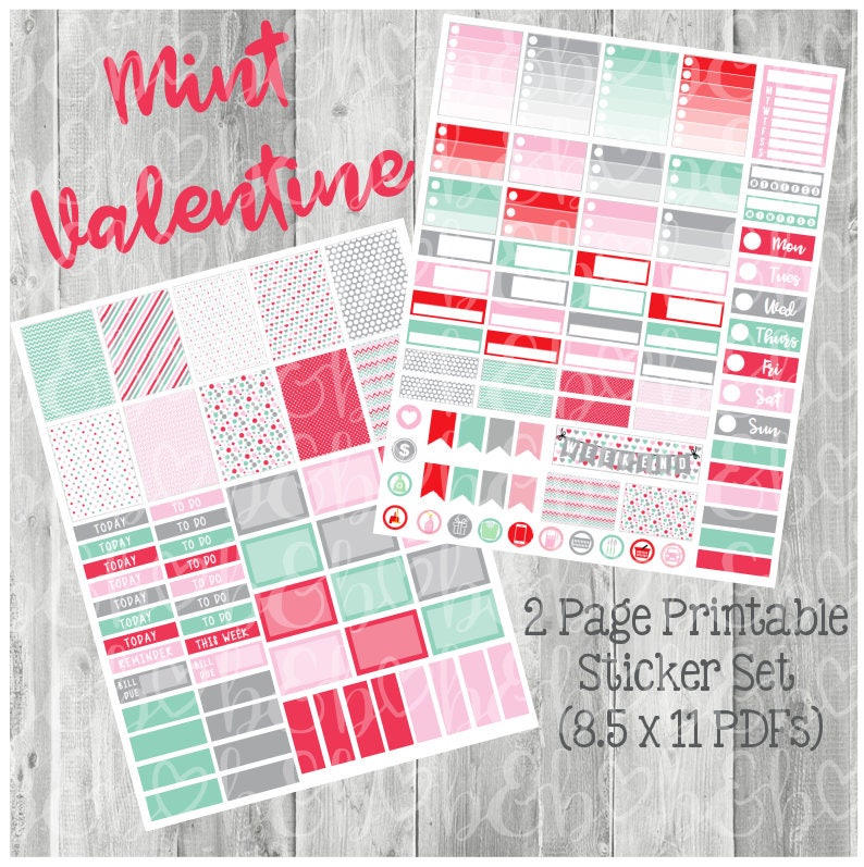 Mint Valentine Printable Planner Stickers Weekly Kit Downloadable Files ...