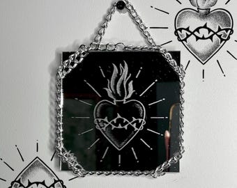 Sacred Heart Hand-Engraved Decorative Mirror | Gothic Monochrome Wall Decor | Handmade Etched Wall Hanging