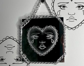 Sad Heart Hand-Engraved Decorative Mirror | Gothic Monochrome Wall Decor | Handmade Etched Wall Hanging
