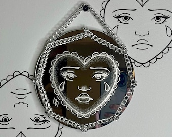 Sad Heart Hand-Engraved Decorative Mirror | Gothic Monochrome Wall Decor | Handmade Etched Wall Hanging