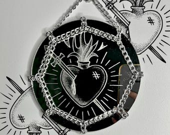 Sacred Heart Hand-Engraved Decorative Mirror | Etched Mirror Art | Dark Gothic Oddity Wall Decor | Handmade