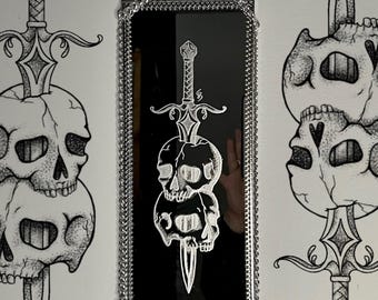 Sword & Skulls Hand-Engraved Decorative Mirror | Etched Mirror Art | Dark Gothic Oddity Wall Decor | Handmade