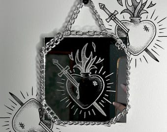 Sacred Heart Hand-Engraved Decorative Mirror | Etched Mirror Art | Dark Gothic Oddity Wall Decor | Handmade