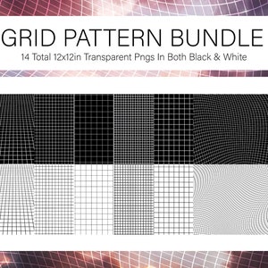 May include: A set of 14 black and white grid patterns, each measuring 12x12 inches. The patterns are transparent PNG files and include various grid styles.