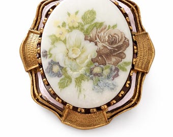 Grande épingle florale vintage en porcelaine peinte à la main