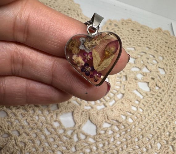 Vintage ATI Sterling Silver Dried Flowers Heart Pendant