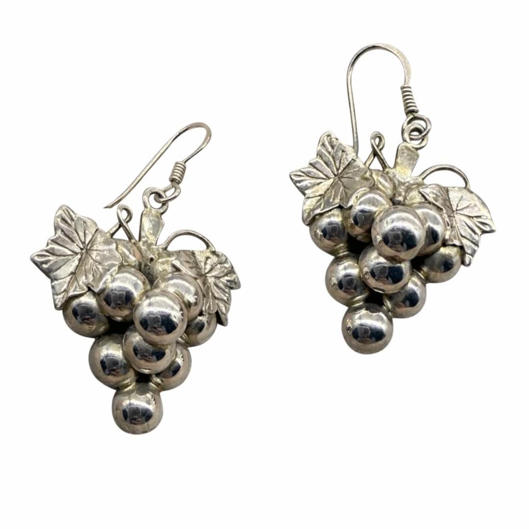 Vintage 925 Sterling Silver Grape Cluster Earrings Vine Leaf 