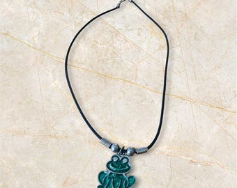 Vintage Glittery Smiley Frog Pendant On Black Cord