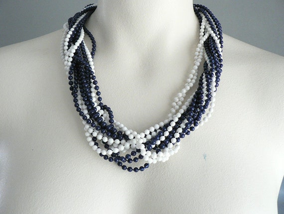 1950s Twisted Strand White Navy Bead Necklace - image 1