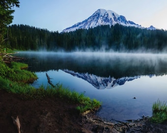 Mount Rainier Landscape Photography, Foggy, Washington Cascade Mountains, Reflection Lake, Sunrise Light, Large Wall Art, Panoramic Print