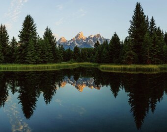 Pond Reflection Picture, Evergreen Trees, Fine Art Landscape Photography, Mountain Peak Alpenglow, Grand Teton National Park, Jackson Hole