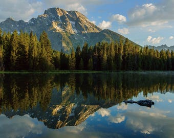 Grand Teton Artwork, Lake Reflection Photo, Wyoming Landscape Photography, Blue Green Art, Ready to Hang Canvas, Alpine Lake Pictures, Sky