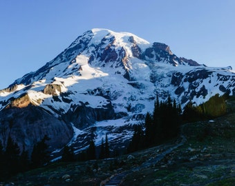 Washington Landscape Photography, Mount Rainer, Cascades, Large Panoramic Print, Pacific Northwest Nature, Sunrise, Snow Covered Mountain