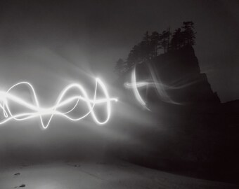 Washington Coast Photography, Olympic National Park, Second Beach Seastack, Black and White Photography, Ocean, Light Painting, Night Scene