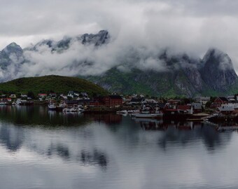 Foggy Morning Photo, Dramatic Landscape Photography, Cloudy Sky, Fishing Village Print, Ocean and Mountains, Coastal Town Decor, Ocean Art