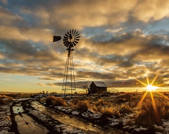 Rustic Windmill Photo, Old Country Barn, Landscape Sunset Photography, Fine Art Rustic Photography, Home Decor, Vintage Wall Artwork, Rural
