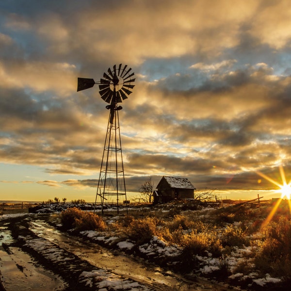 Rustic Windmill Photo, Old Country Barn, Landscape Sunset Photography, Fine Art Rustic Photography, Home Decor, Vintage Wall Artwork, Rural