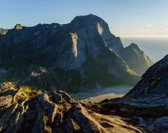 Mountain Sunset Photo, Ocean Beach Sunset, Northern Norway Photography, Blue Sky Sunset, Ocean Bluffs, Fine Art Nature Photography, Sun Rays