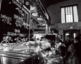 Urban Black and White Photography, Fine Art City Photography, Public Market, Old Brick Building, Neon Storefront Sign, Modern B&W Artwork,