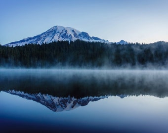 Foggy Landscape Photo, Scenic Landscape Washington, Reflection on Water, Sunrise, Mount Rainier National Park, Fine Art Nature Photography