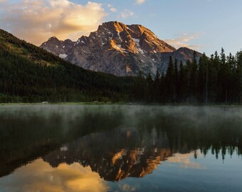 Morning Fog Photo, Lake Reflection Picture, Jackson Hole Art, Scenic Wyoming Landscape, Grand Teton Artwork, Mountain Cabin Decor, Ski Cabin