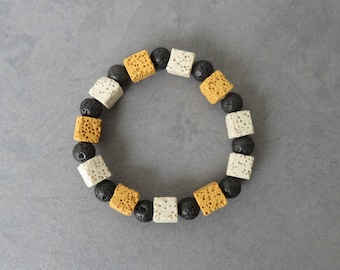 Honey Bee Lava Rock Diffuser Bracelet/Lava Round and Cube Beaded Bracelet/Women Elastic Bracelet