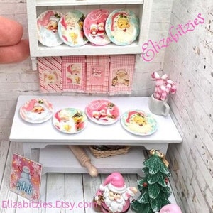 Miniature Pink Santa Dollhouse  Plates ( set of 4) 1:12 scale