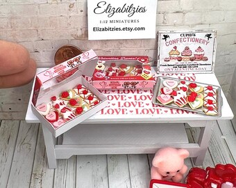 Miniature Dollhouse Valentines Day Sugar Cookies in Retro Box or Tray  1:12 scale