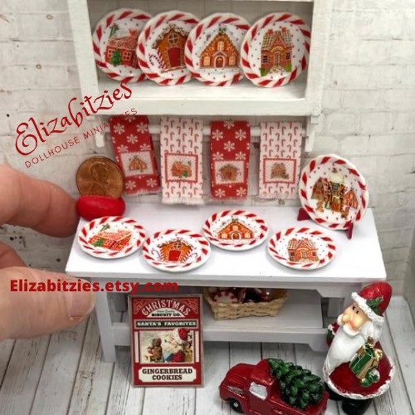 Miniature Dollhouse Gingerbread House Plates 1:12 scale Red and White with/ without Platter