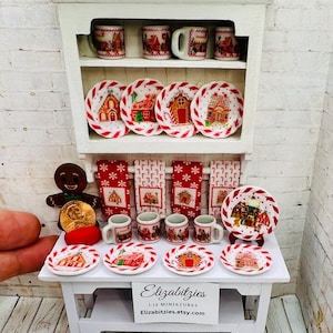 Miniature Dollhouse Gingerbread House Plates, Tea Towels, Mugs OR Platter 1:12 scale Red and White