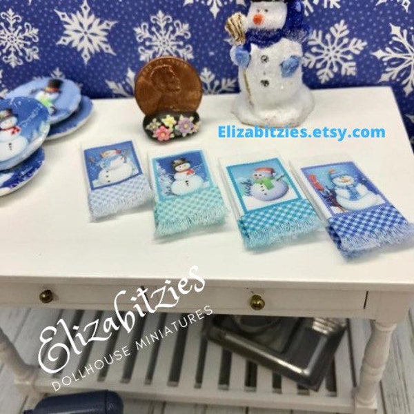 Dollhouse Snowman Tea Towels in Blue( set of 4) 1:12 scale