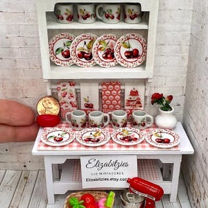 Miniature Cherry Decorative Dollhouse Plates-or -Mugs- or- Tea Towels ( set of 4)OR combination  SETS 1:12 scale