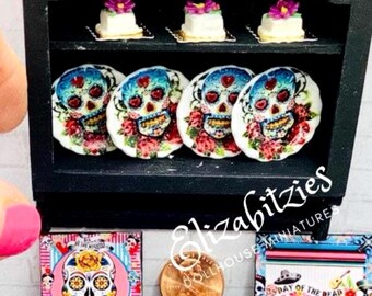 Miniature Day of the Dead Sugar Skull Plates (Set of 4), 1-inch Dollhouse Ceramic