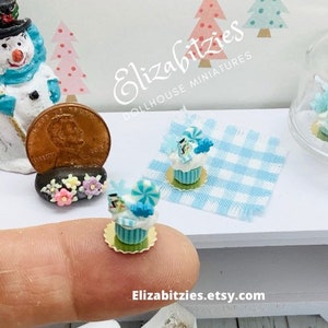 Miniature Christmas Frosty Aqua Snowman Cupcakes (set of 2) 1:12 scale