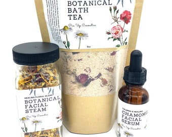 Botanical Skincare Trio, Chamomile Facial Serum, Bath Tea, Facial Steam