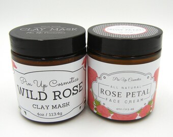 Set de regalo de mascarilla de arcilla de rosa silvestre y crema facial de pétalos de rosa