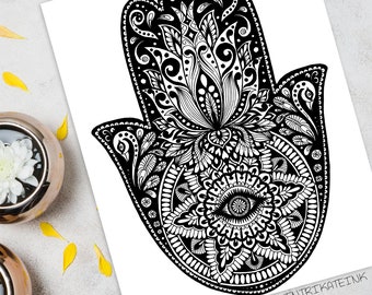 Hamsa Hand Printable Wall Art — Hand of Fatima Line Art Print, Instant Download