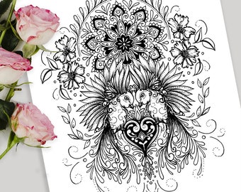 Love Birds Printable Wall Art — Parrot Couple Line Art Print, Instant Download