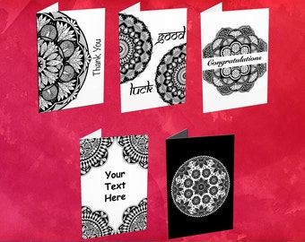 Printable Mandala Greeting Cards — Set of 5 Zentangle Blank Cards, Instant Download