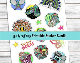 Sports and Yoga Printable Stickers — Fitness Print & Cut Sticker Bundle, Instant Download