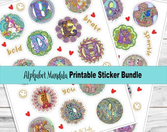 Alphabet Mandala Printable Stickers — A to Z Print & Cut Sticker Bundle, Instant Download
