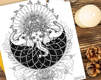 Ganesha Printable Wall Art — Hindu Ganpati Line Art Print, Puja Room Decor, Instant Download