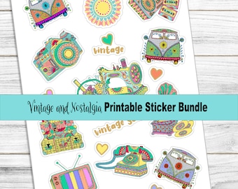 Vintage and Nostalgia Printable Stickers — Retro Print & Cut Sticker Bundle, Instant Download
